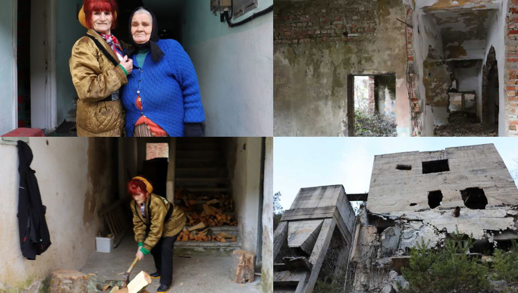 Un bloc abandonat din munții Hunedoarei, casă pentru două bătrâne! Mamaia Corbeanu: La 79 de ani sparg lemne ca un bărbat în toată puterea