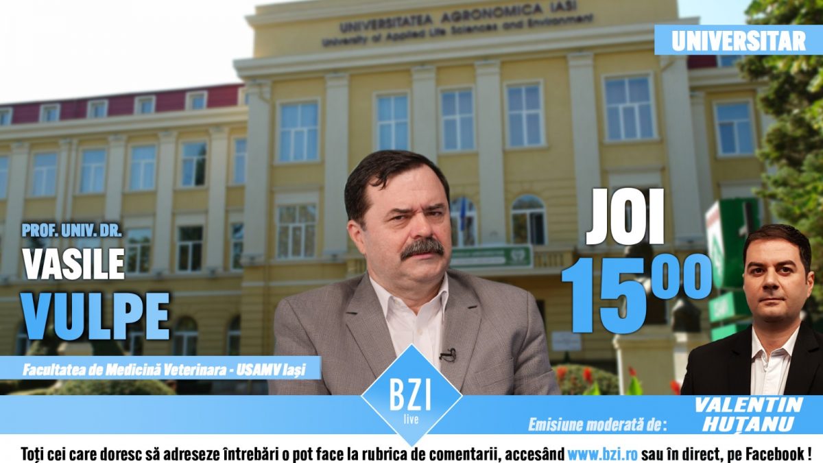 Dialog actual, util şi interesant despre un domeniu vital pentru întreaga comunitate contemporană, în Platoul BZI LIVE alături de prof. univ. dr. Vasile Vulpe – Facultatea de Medicină Veterinară din cadrul Universităţii de Ştiinţe Agricole şi Medicină Veterinară „Ion Ionescu de la Brad” din Iaşi