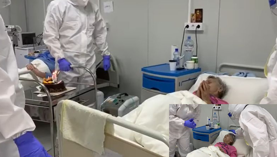 O bătrână în vârstă de 94 de ani cu COVID-19, sărbătorită de medicii ieșeni – FOTO, VIDEO