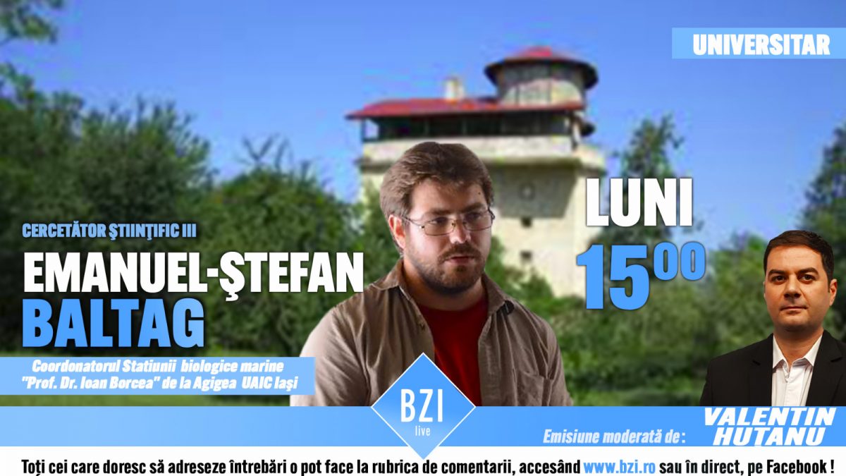 În direct de la malul Mării Negre, în lumina reflectoarelor Studioului BZI LIVE! Dialog despre un loc spectaculos, o clădire unică în România, cercetări marine şi asupra mediului înconjurător alături de universitarul Ştefan Emanuel Baltag, coordonatorul Staţiunii Biologice Marine „Prof. Dr. Ioan Borcea” Agigea a UAIC din Iaşi