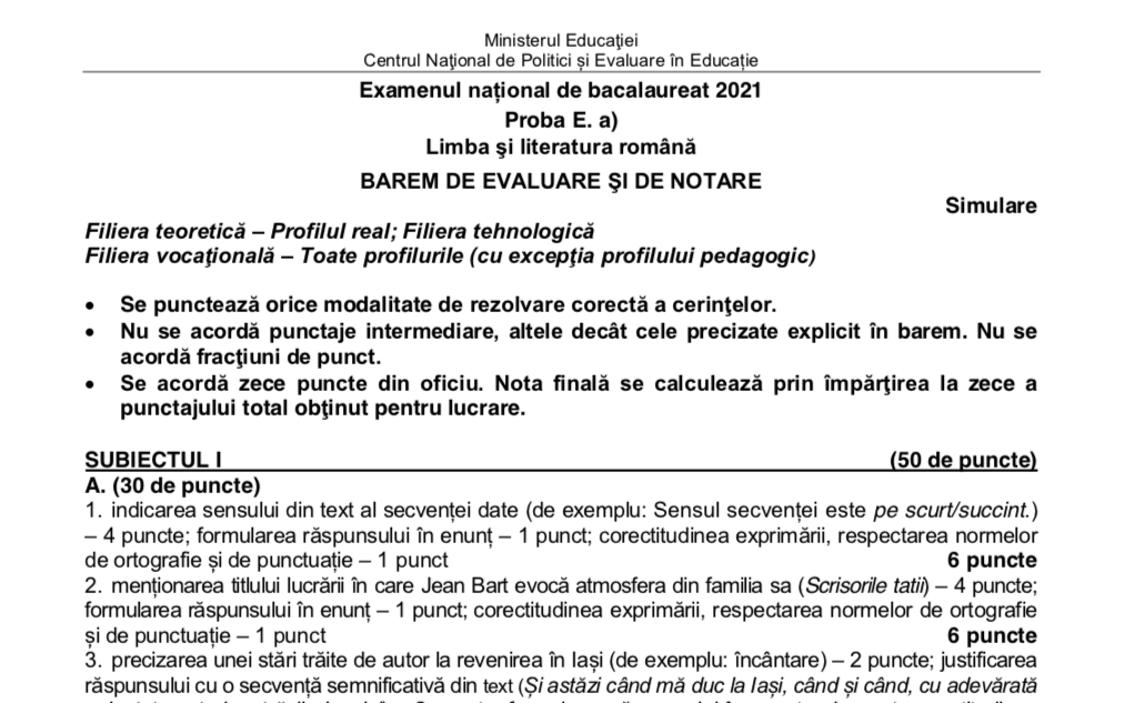 Baremele de la simularea probei de Limba Română la Bacalaureat 2021, publicate de Ministerul Educației și Cercetării
