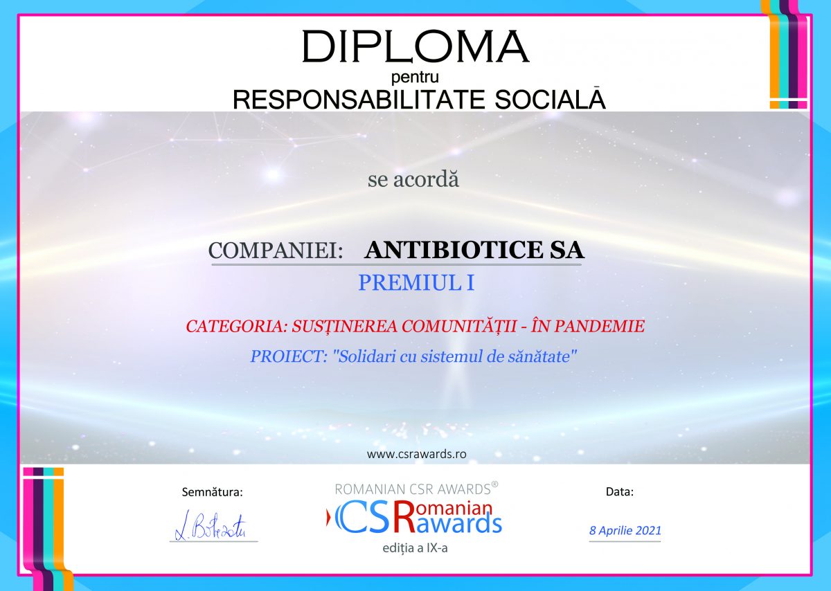 Responsabilitate față de comunitate și angajați – două direcții strategice ale Antibiotice Iași, premiate la Gala Romanian CSR Awards