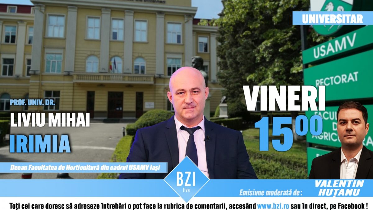 În Studioul BZI LIVE se va dialoga despre cele mai noi proiecte, activităţi didactice, de cercetare sau ştiinţifice într-un domeniu esenţial în lumea contemporană alături de prof. univ. dr. Liviu Mihai Irimia, decanul Facultății de Horticultură din cadrul Universităţii de Agronomie din Iași