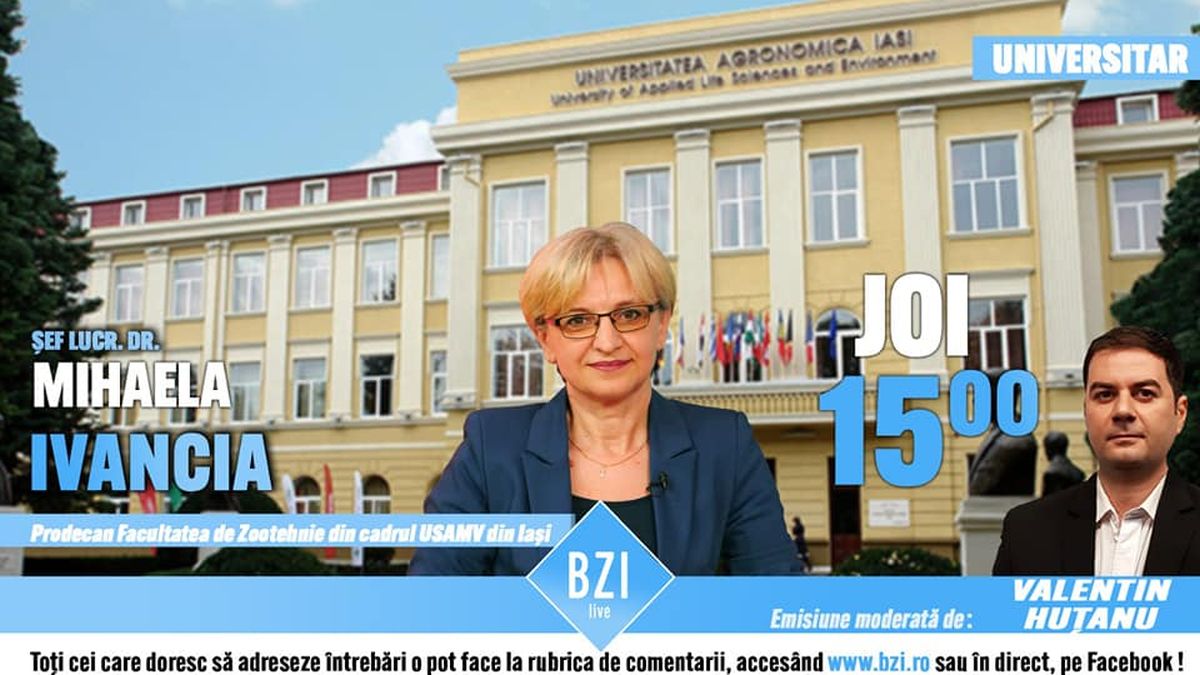 Despre realităţi ale învăţământului în mediul universitar, pe fondul crizei sanitare, proiecte şi iniţiative educaţionale, într-o ediţie BZI LIVE alături de şef lucrări dr. Mihaela Ivancia, prodecan al Facultăţii de Zootehnie din cadrul USAMV din Iaşi