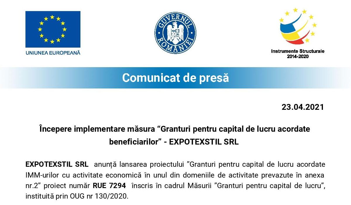 Începere implementare măsura “Granturi pentru capital de lucru acordate beneficiarilor” – EXPOTEXSTIL SRL