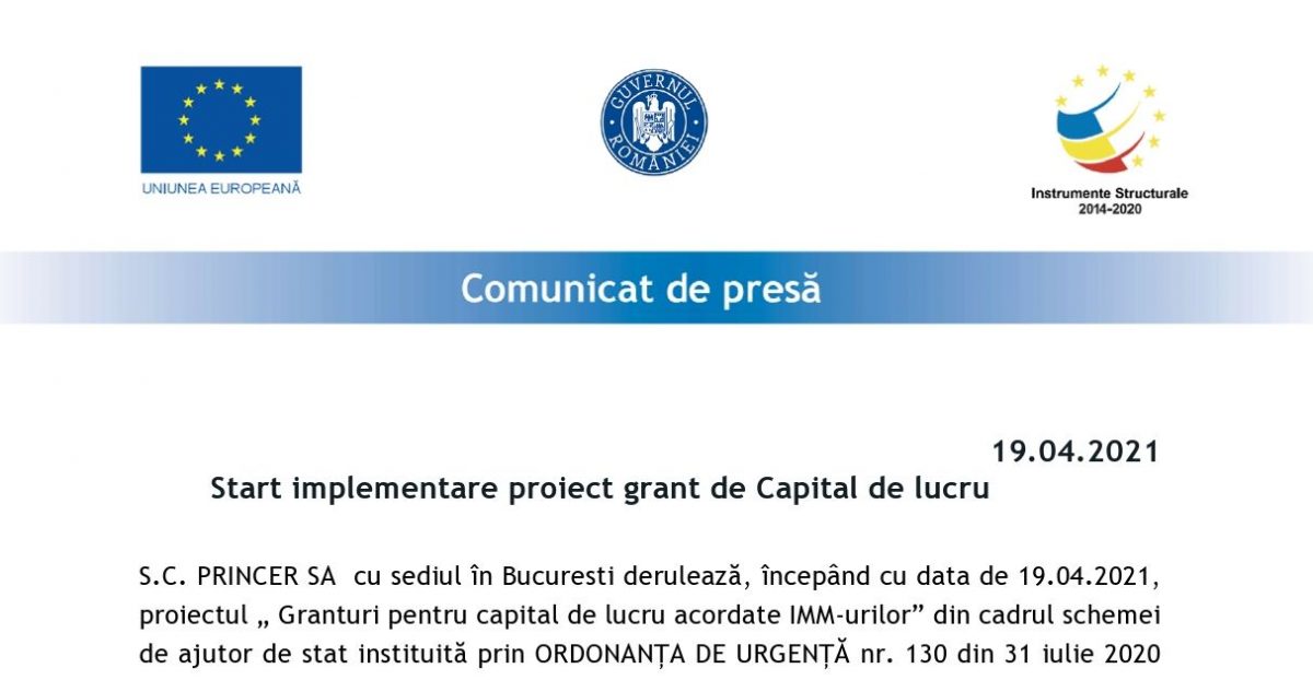 Start implementare proiect grant de Capital de lucru