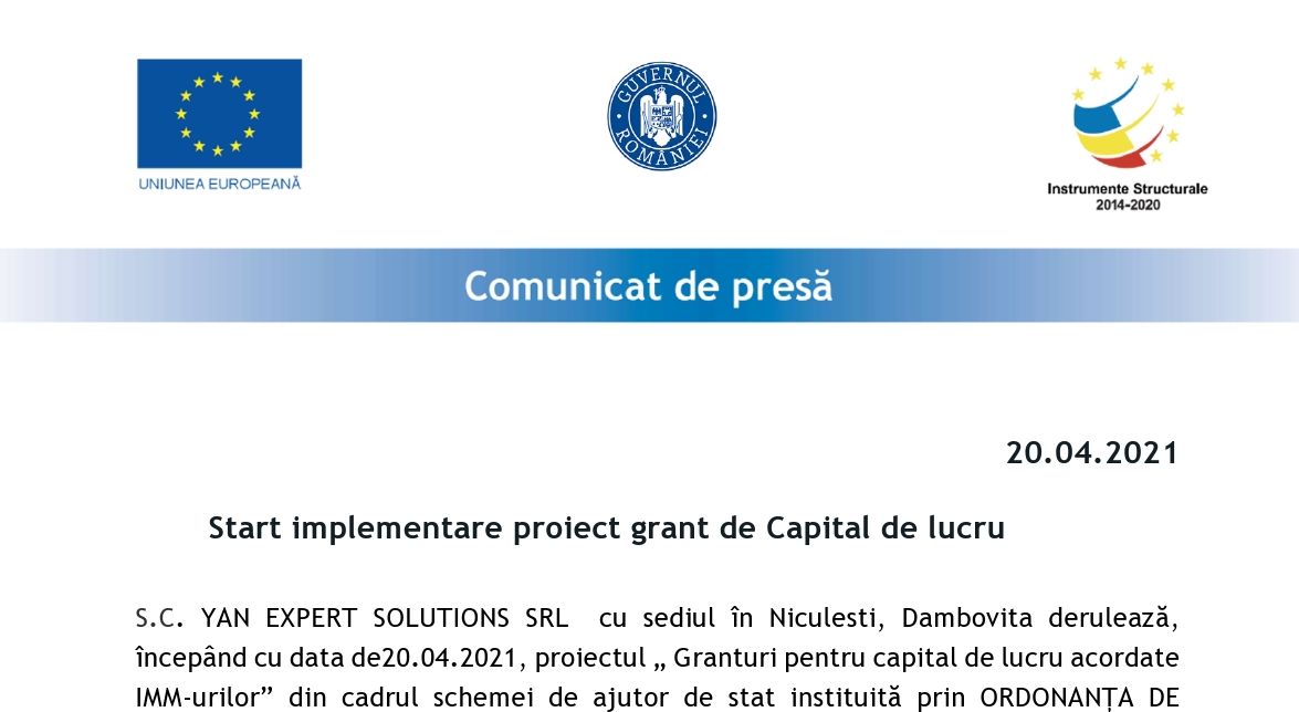 Start implementare proiect grant de Capital de lucru