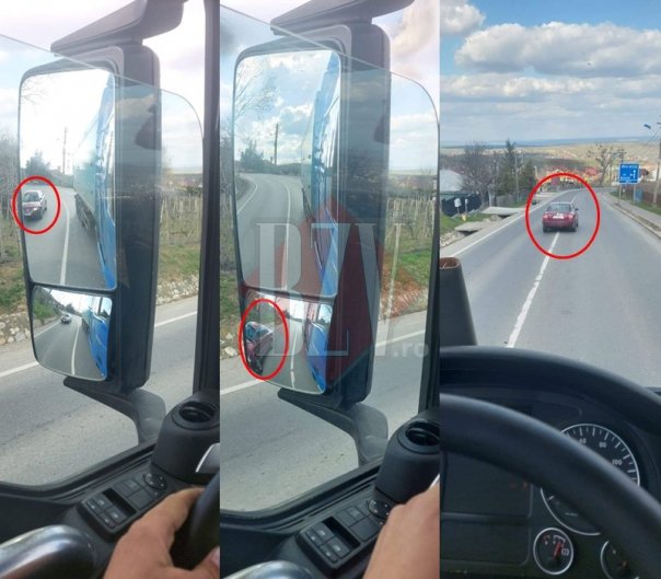 Adjunctul Poliţiei Municipale Huşi, fotografiat în timp ce depăşea un tir în curbă pe linie continuă