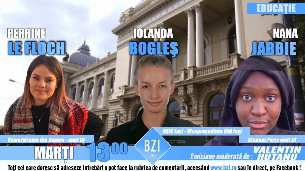 Povestea şi trăirile a doi studenţi francezi ajunşi în România, într-o ediţie BZI LIVE alături de: Perrine Le Floch, Nana Jabbie! Acestea vor fi însoţite de Iolanda Bogles, student la Universitatea „Cuza” din Iaşi şi vicepreşedinte Erasmus Student Network