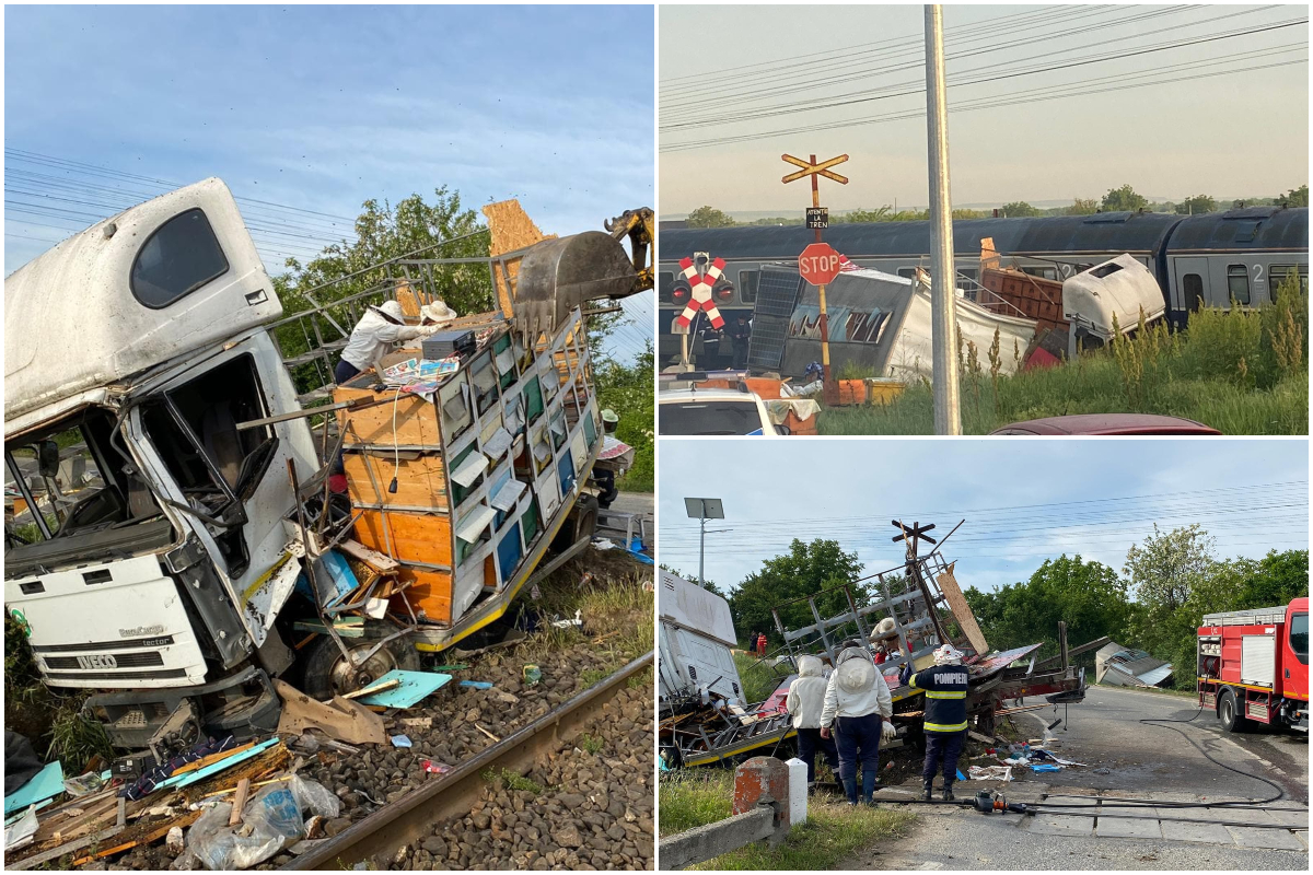 Accident feroviar în județul Olt. Un camion cu 70 de stupi de albine, lovit de un tren de călători – FOTO, VIDEO