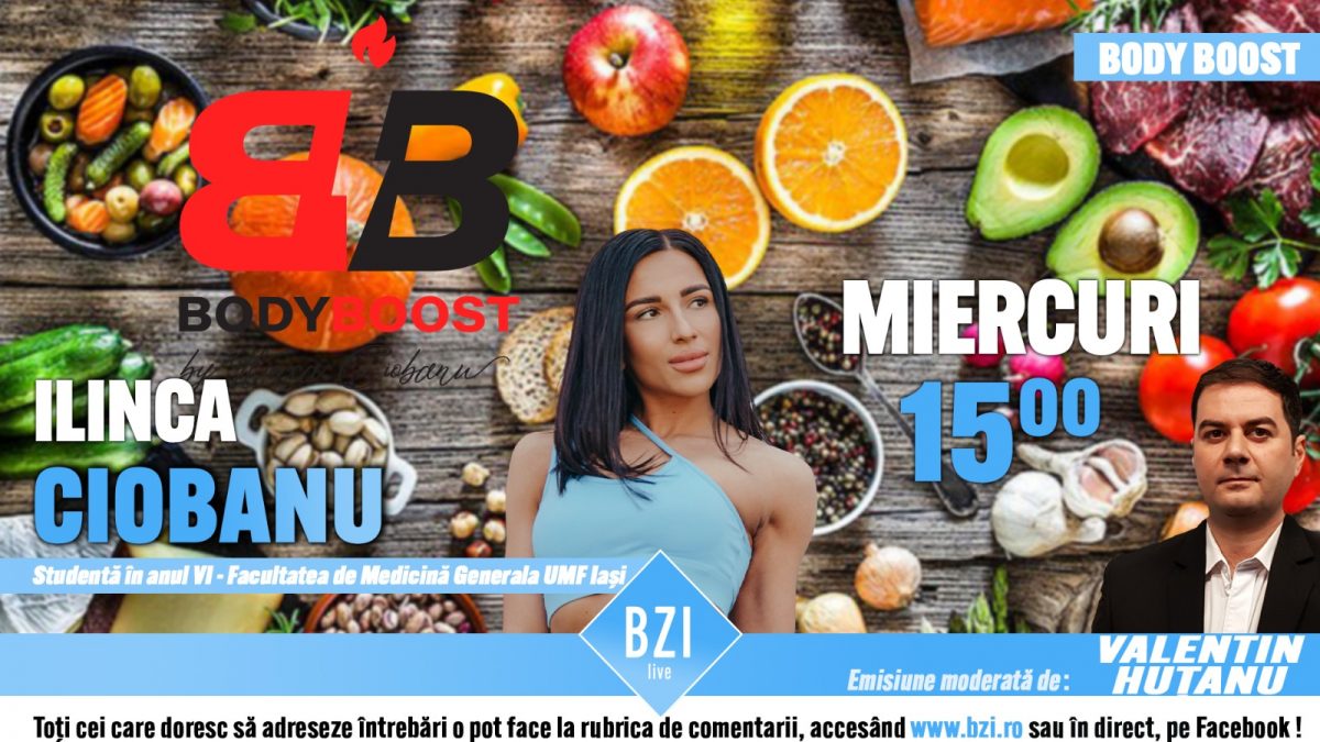 Despre un program complex de transformare corporală şi de îmbunătăţire a condiţiei fizice, alcătuit din diete personalizate fiecărui individ în parte, în Platoul BZI LIVE alături de Ilinca Ciobanu, student anul VI la Facultatea de Medicină Generală în cadrul UMF „Grigore T. Popa” din Iaşi