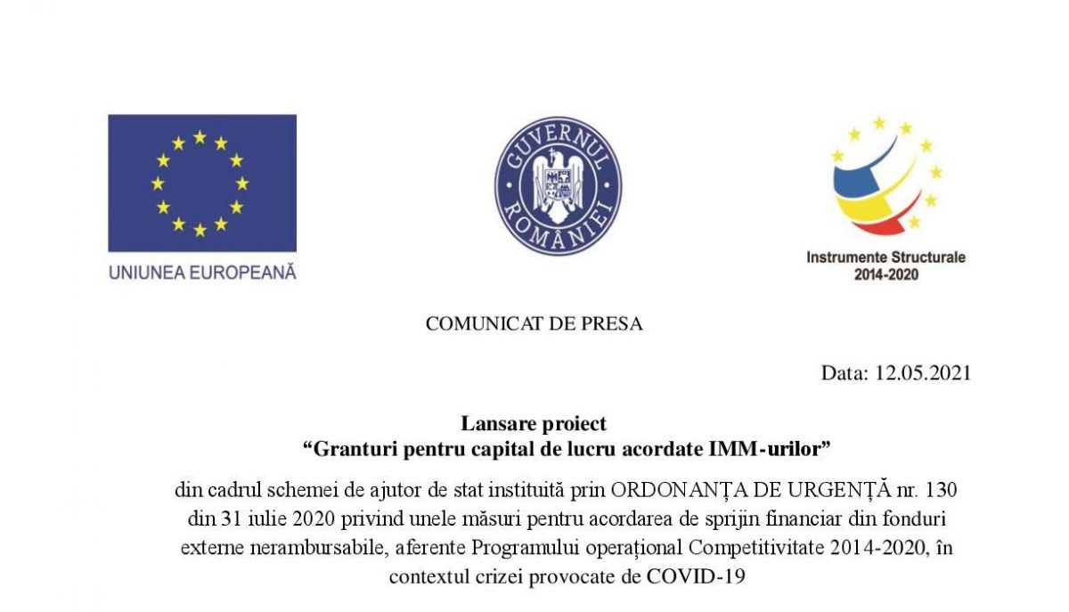 Lansare proiect  “Granturi pentru capital de lucru acordate IMM-urilor”