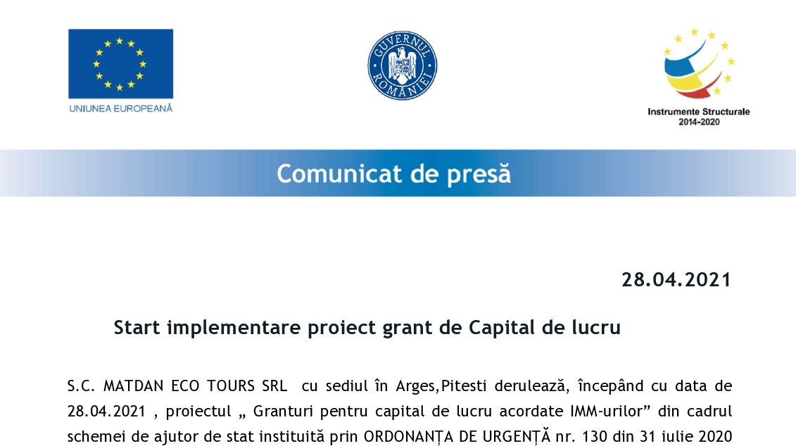 Start implementare proiect grant de Capital de lucru