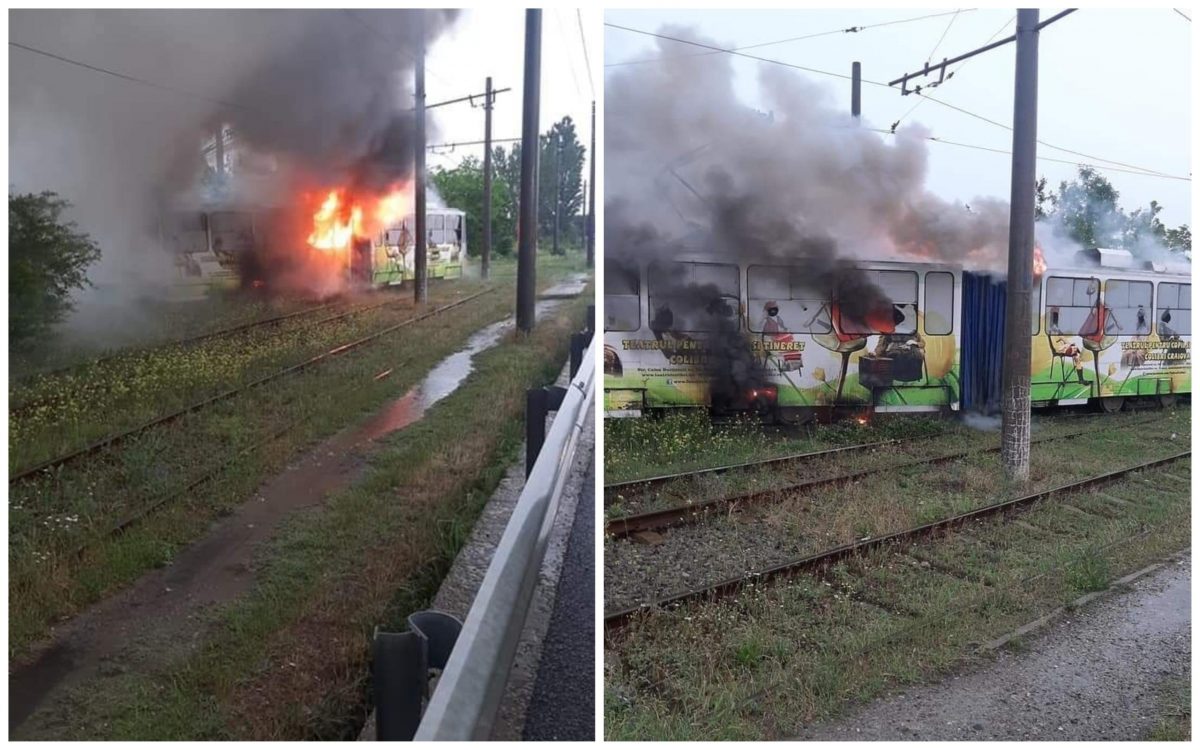 Un tramvai din Craiova a luat foc, după ce a fost lovit de fulger. Reacţia primarului Lia Olguța Vasilescu: „Au fost nişte ore absolut incredibile” – FOTO