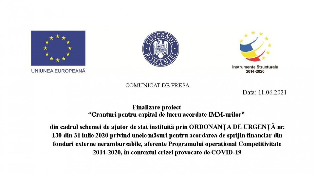Finalizare proiect  “Granturi pentru capital de lucru acordate IMM-urilor”. SC ARTHUR & ERIC SRL
