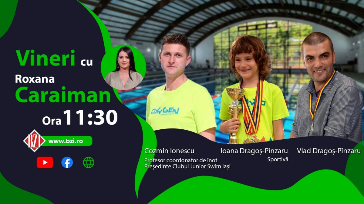 Înotul, sportul care aduce doar beneficii în viața copiilor. Cozmin Ionescu, președinte Club Sportiv Junior Swim Iași, alături de sportiva Ioana Dragoș-Pînzaru și tatăl său, Vlad Dragoș-Pînzaru, vorbesc despre performanță la BZI LIVE