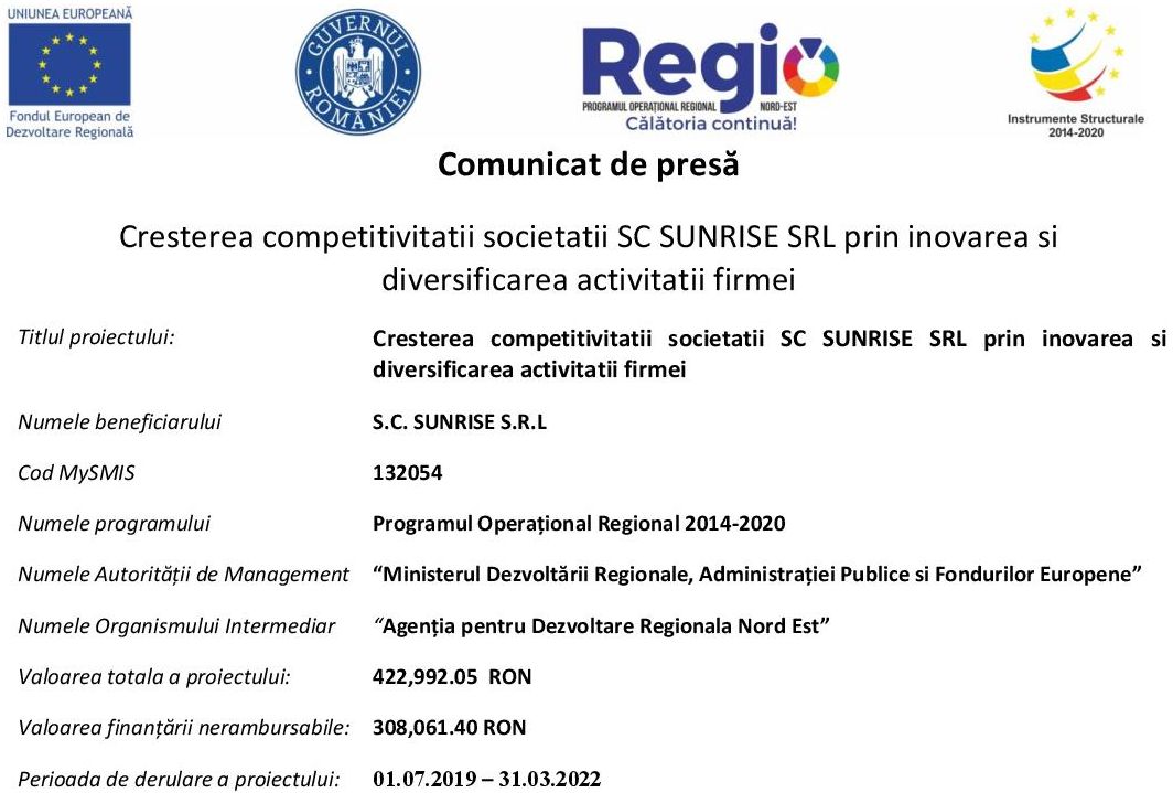 Comunicat de presă Cresterea competitivitatii societatii SC SUNRISE SRL prin inovarea si  diversificarea activitatii firmei