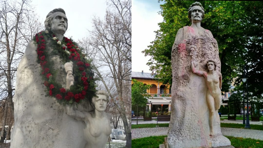 Prima statuie din România a poetului Mihai Eminescu, care se află la Galați, este înroșită. Care este motivul