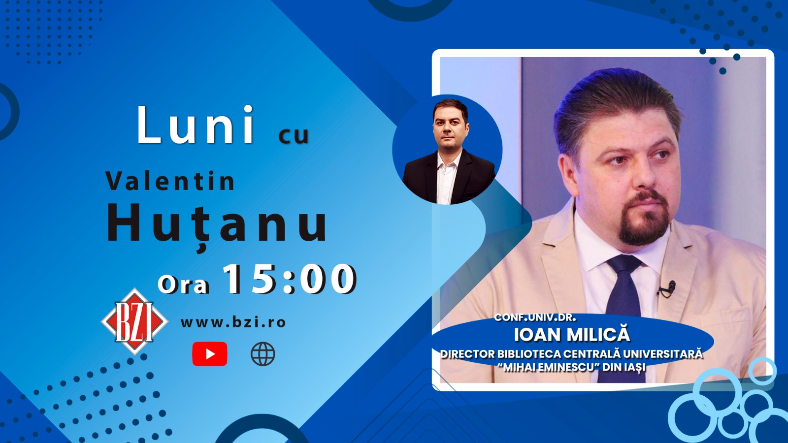 În Platoul BZI LIVE este programată o nouă ediție-dialog de impact legată de începerea noului an academic! Invitat este conf. univ. dr. Ioan Milica, directorul istoricei Biblioteci Centrale Universitare "Mihai Eminescu" din Iași - Vimarsana News