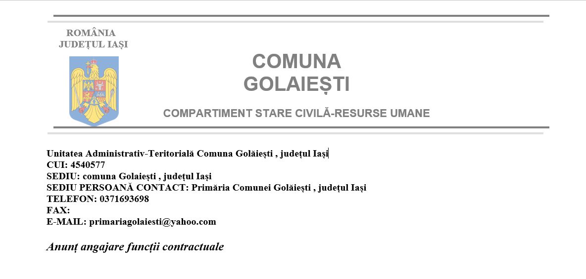 Concurs angajare. Comuna Golăiești , județul Iași
