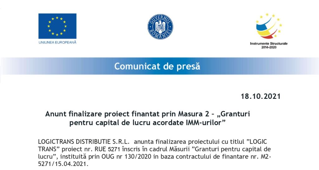 Anunt finalizare proiect finantat prin Masura 2 – „Granturi pentru capital de lucru acordate IMM-urilor”