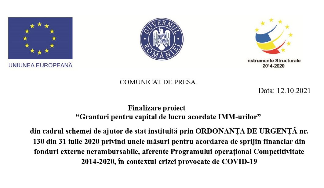 Finalizare proiect “Granturi pentru capital de lucru acordate IMM-urilor”