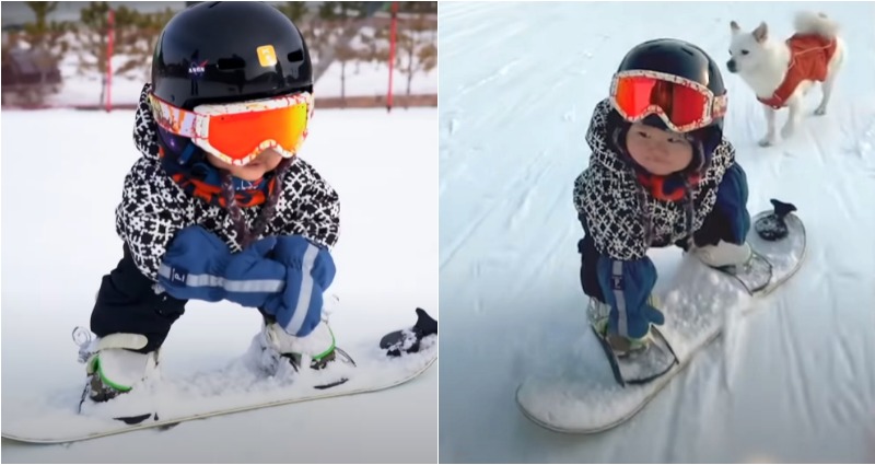 O fetiță de 11 luni a atras atenția tuturor persoanelor aflate pe o pârtie din China. Acesta practică snowboardingul – Galerie Foto, Video