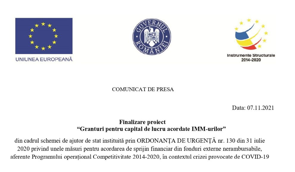 Finalizare proiect “Granturi pentru capital de lucru acordate IMM-urilor”