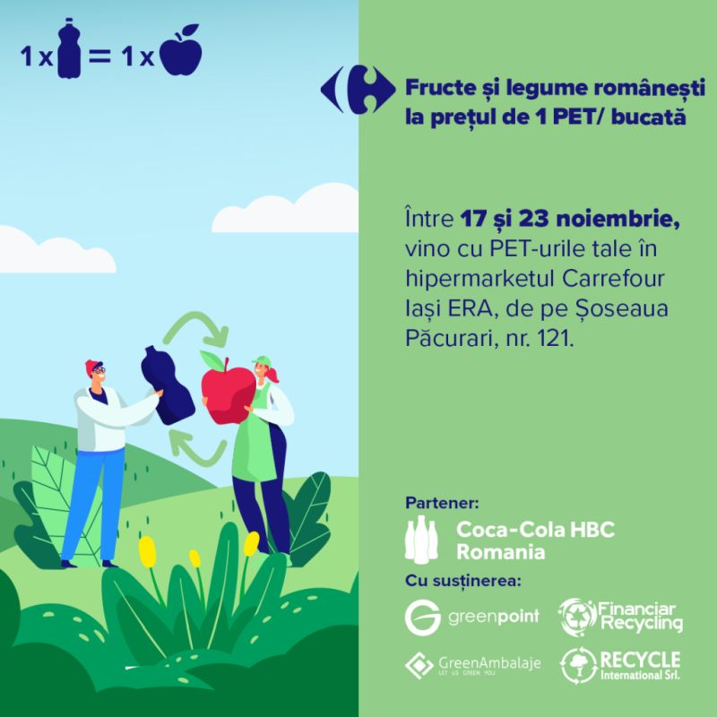 Plata cu PET sau cum pot clienții Carrefour din Iași să cumpere fructe și legume de la producători locali la prețul special de 1 PET bucata 