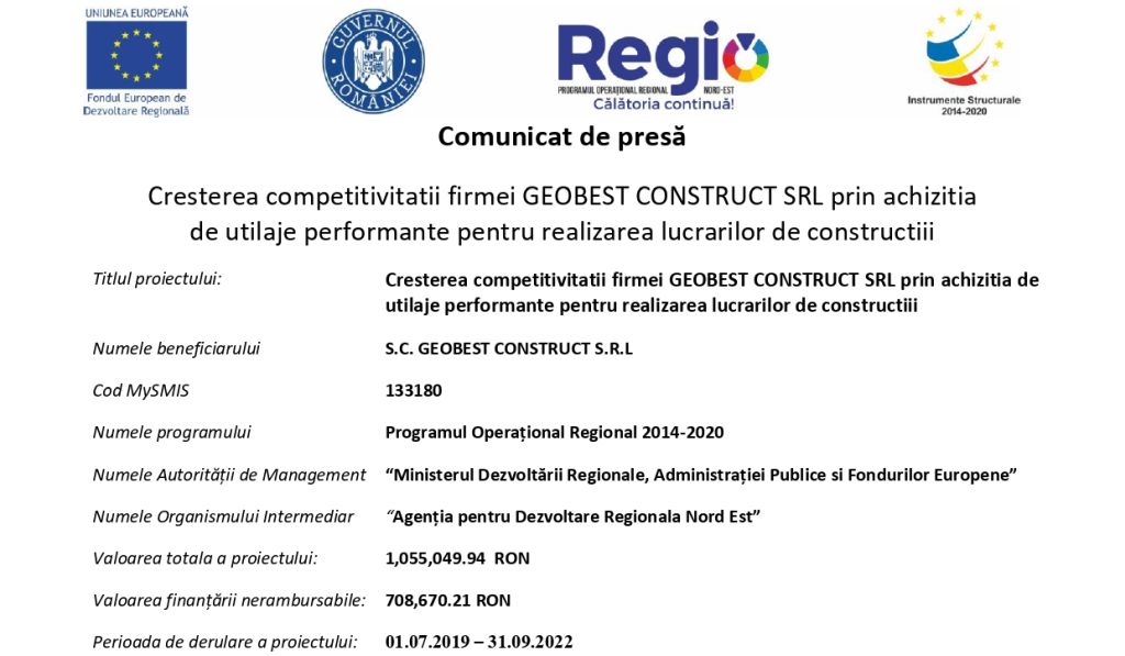 Cresterea competitivitatii firmei GEOBEST CONSTRUCT SRL prin achizitia de utilaje performante pentru realizarea lucrarilor de constructiii
