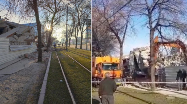 Circulația mai multor tramvaie, blocată în București. Fațada unei clădiri s-a prăbușit pe șine