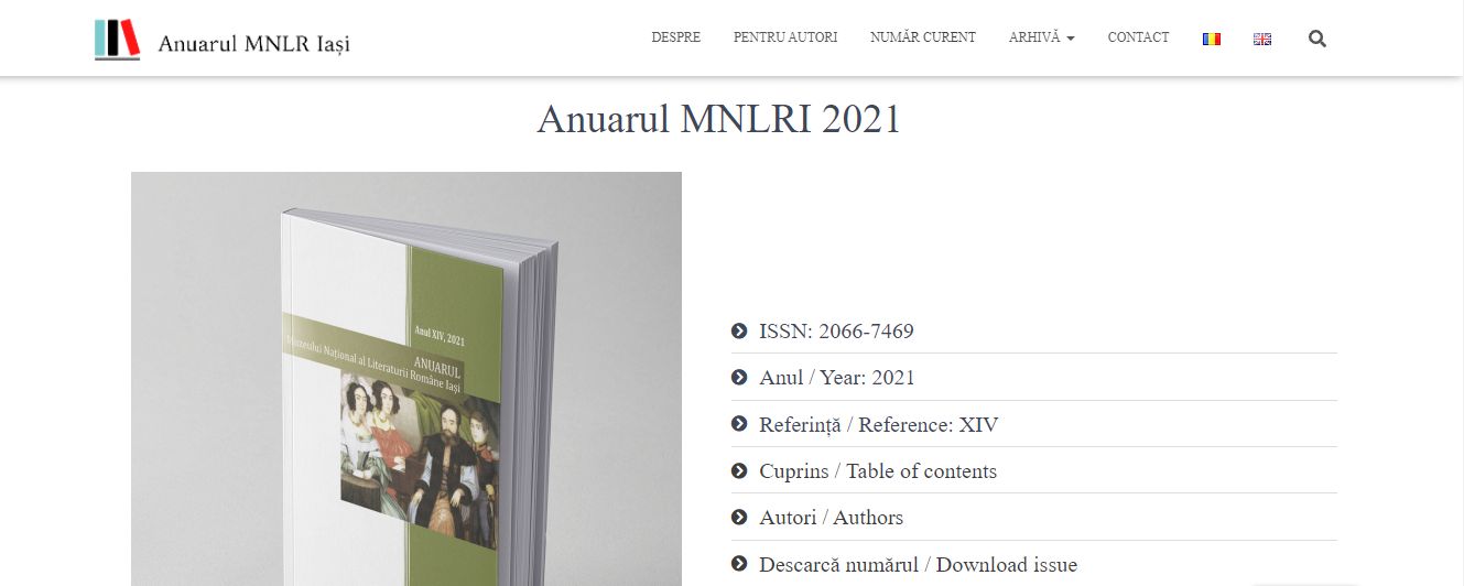 captura de ecran de pe pagina principala a site-ului web al Anuarului Muzeului National al Literaturii Romane Iasi