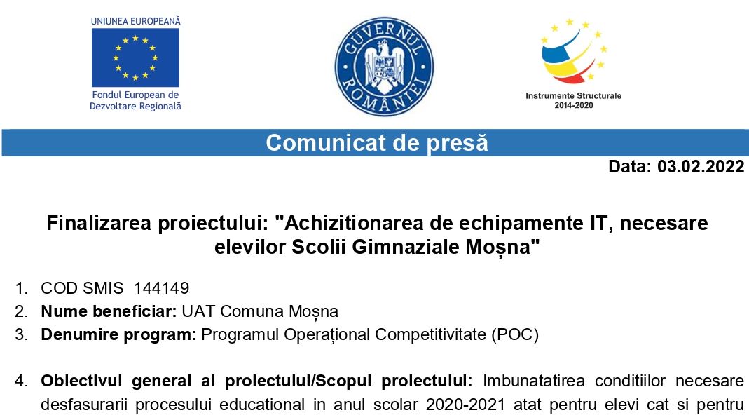 Finalizarea proiectului: „Achizitionarea de echipamente IT, necesare elevilor Scolii Gimnaziale Moșna”