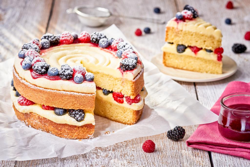 cake with cream and berries