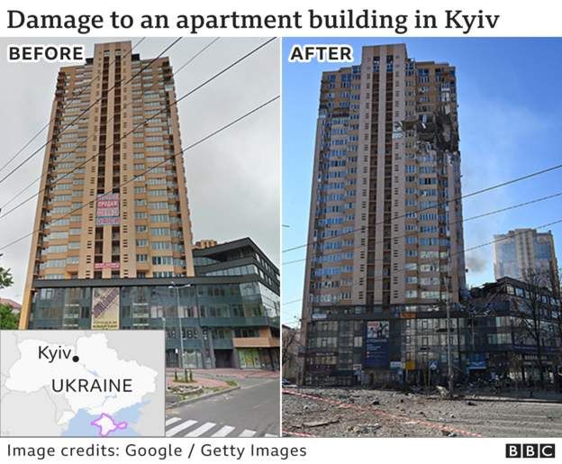 Ucraina înainte și în război! Clădiri simbol în februarie, ruine în martie – GALERIE FOTO