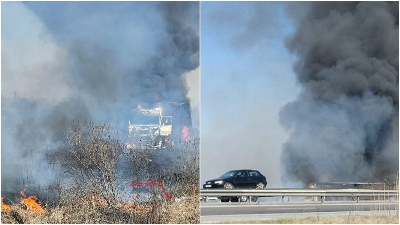 Un TIR a explodat pe autostrada București-Pitești. Din fericire, șoferul a ieșit la timp din cabină – FOTO, VIDEO