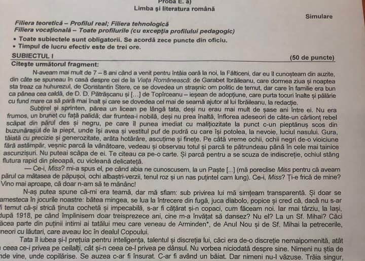 Simulare Bacalaureat Limba și Literatura Română 2022. Subiecte și bareme