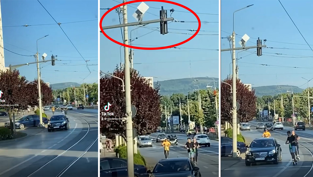Trei tineri teribilişti, pe triciclete electrice, trec pe culoarea roșie a semaforului, în Iași – VIDEO