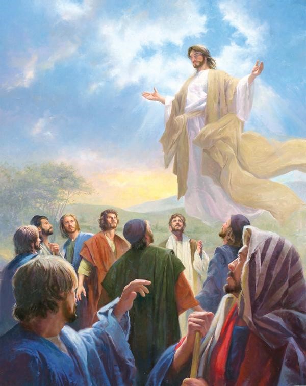 o imagine cu Iisus Hristos care se inalta la cer si cu apostolii