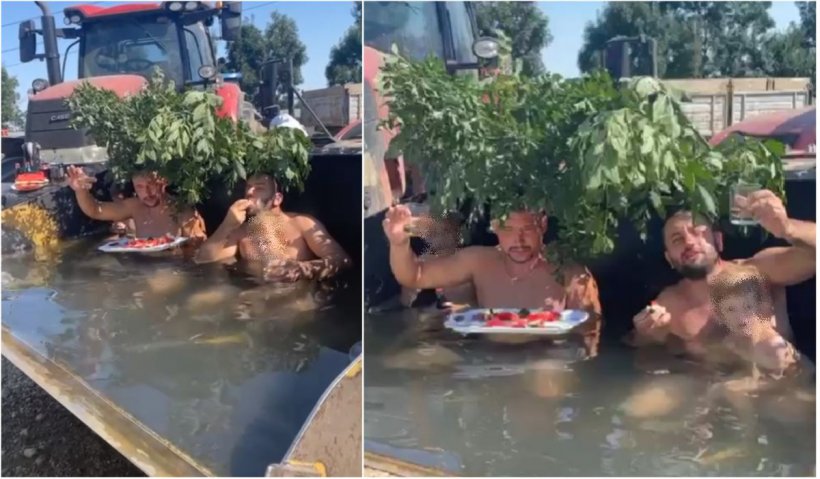 Doar în Argeş mai vezi aşa ceva! Doi fermieri au tranformat cuva excavatorului în piscină