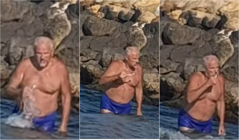 Turişti revoltaţi după ce un bărbat a fost filmat în timp ce se spăla pe dinți în apa mării: „Dă-ne drumul la apă până nu ne omoară ăsta toți peștii!” – VIDEO