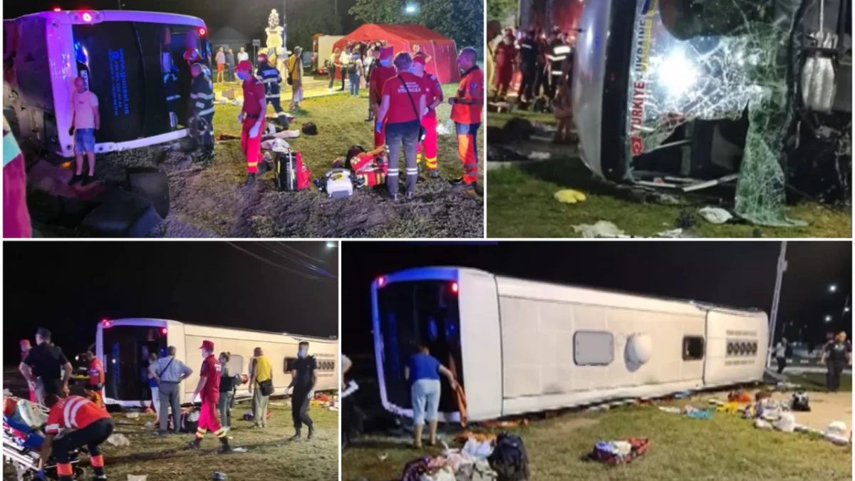 Autocar cu ucraineni răsturnat în Vrancea, pe E 85. A fost activat Planul Roșu, s-a intervenit cu 13 ambulanţe