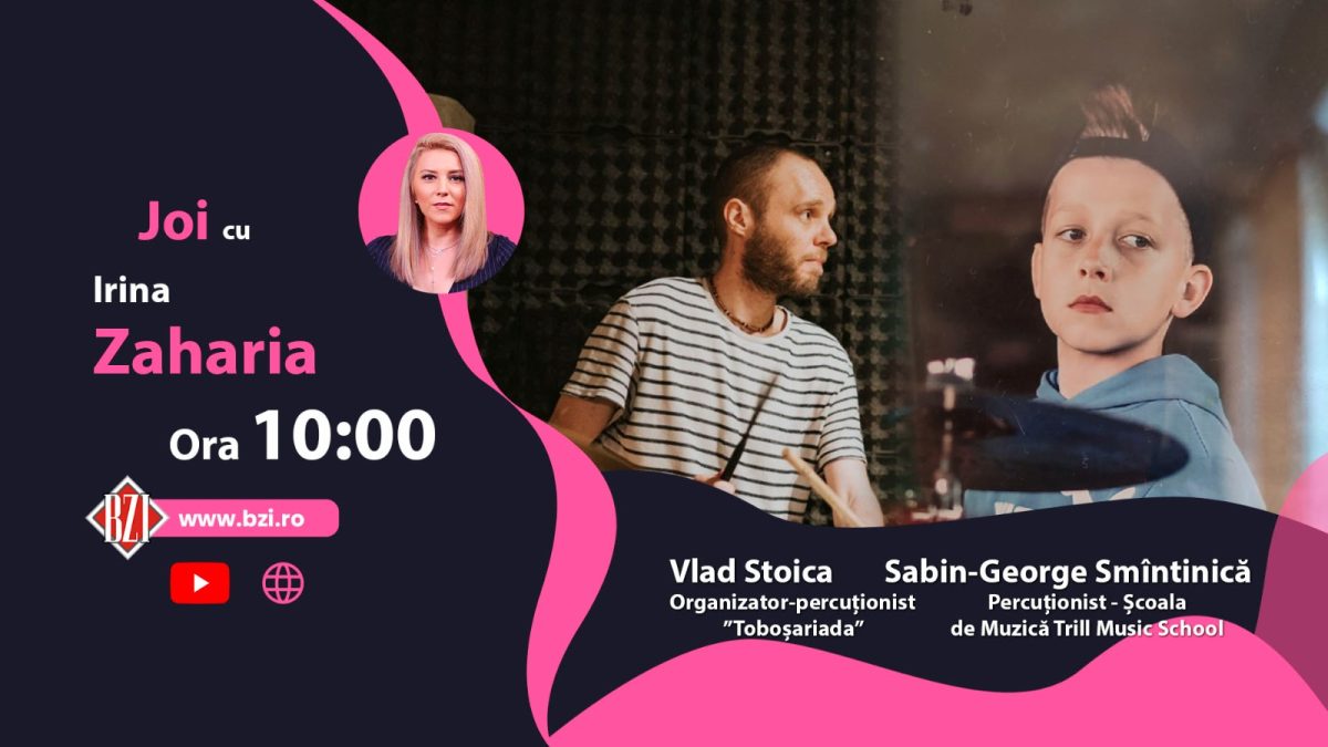 Sabin George Smîntinica, elev percuționist și Vlad Stoica, organizator-percuționist, vor discuta în platoul BZI LIVE despre un proiect unic în țară ” Toboșariada. 50 de toboșari vor cânta simultan piese rock