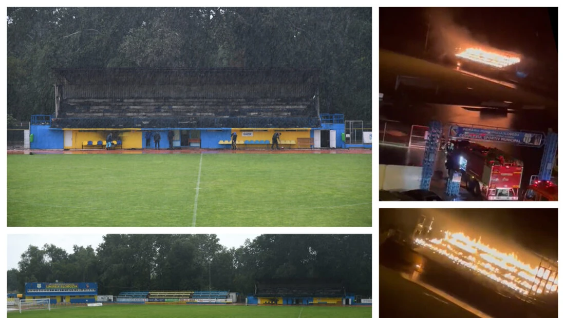 Un stadion a luat foc din cauza fulgerelor. Pompierii au luptat două ore ca să stingă incendiul