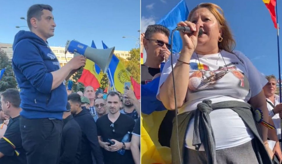 George Simion şi Diana Şoşoacă s-au întâlnit la protestul din Piaţa Victoriei şi s-au acuzat de ,,confiscarea protestului”