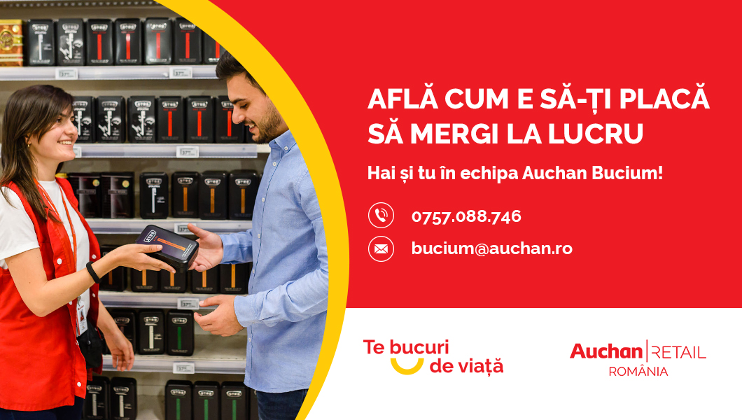 Auchan angajează în orașul tău! Vino în echipa Auchan Bucium și află cum e să-ți placă să mergi la lucru în fiecare zi