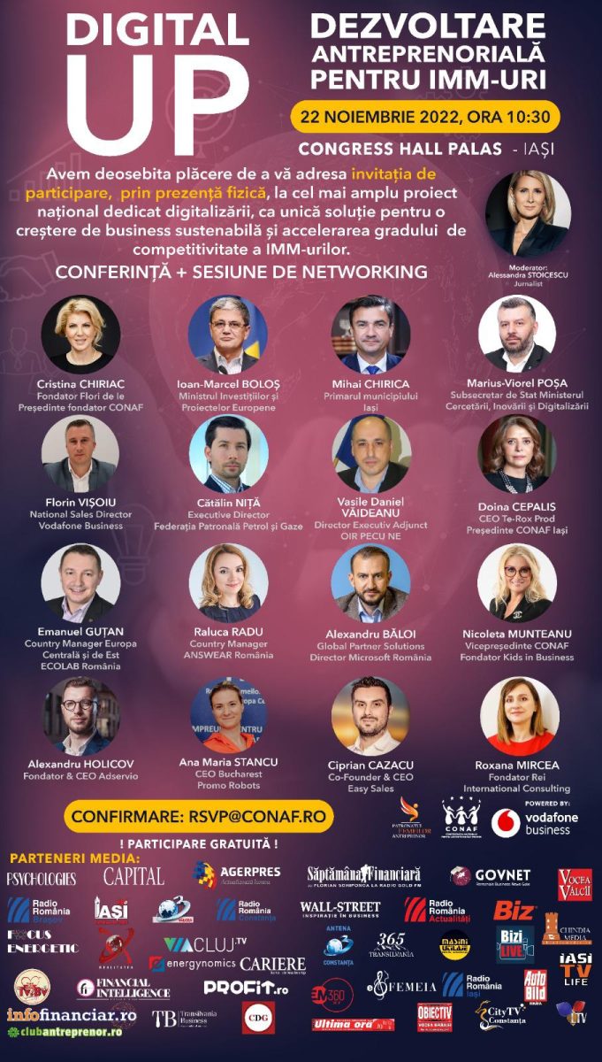 A treia conferință din seria proiectului „Digital Up – Dezvoltare Antreprenorială pentru IMM-uri” va avea loc la Congress Hall Palas Iași