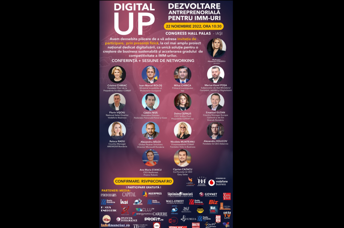 A treia conferință din seria proiectului „Digital Up – Dezvoltare Antreprenorială pentru IMM-uri” va avea loc la Congress Hall Palas Iași