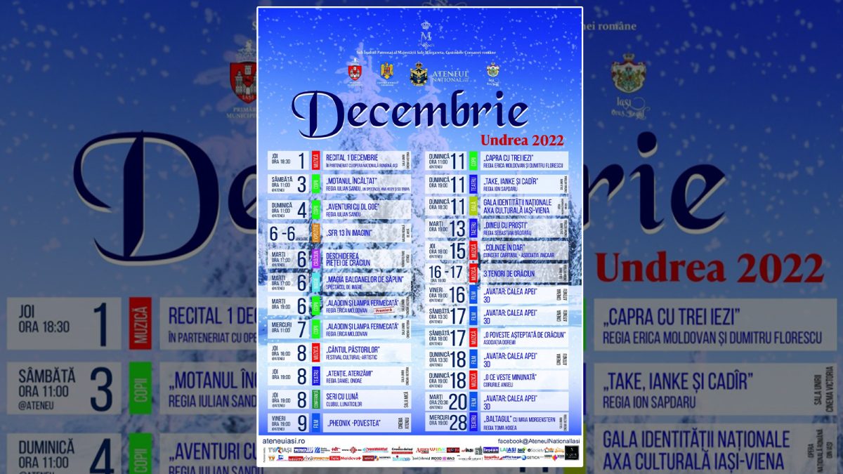 Programul lunii decembrie la Ateneul Național din Iași: Filme, muzică, teatru sau expoziții