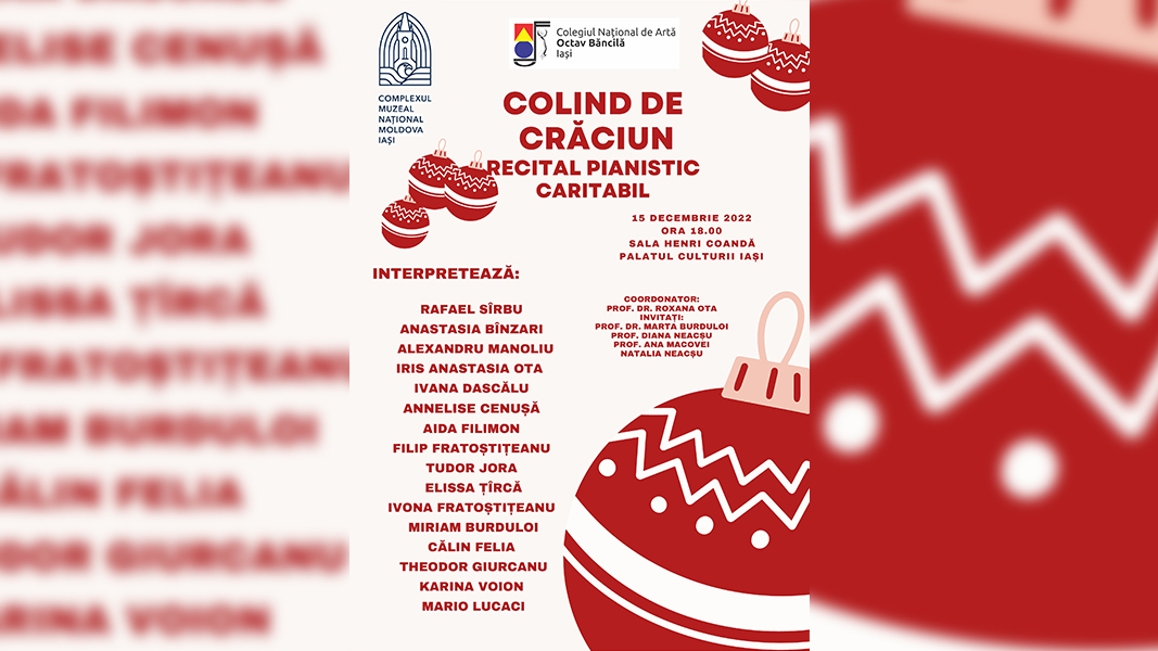 Recital de pian „Colind de Crăciun”, la Palatul Culturii Iași